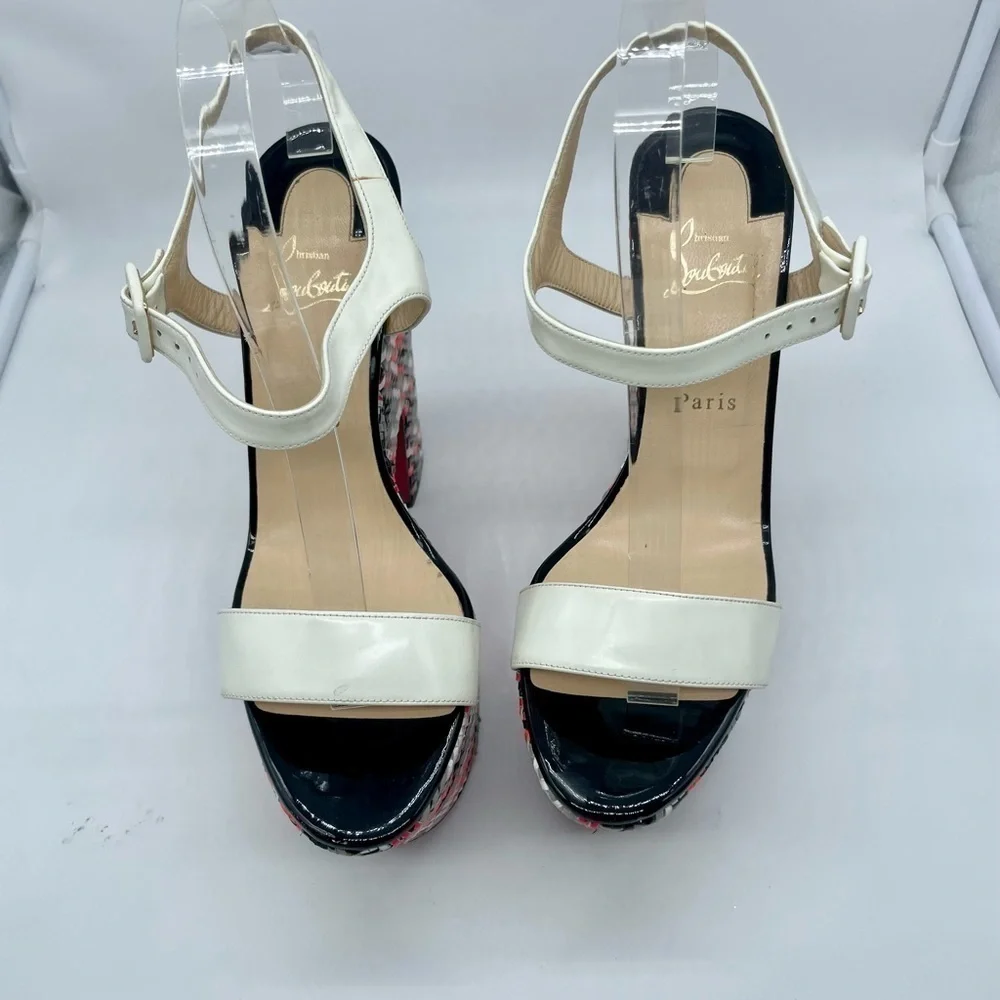 Christian Louboutin Rare bella platform sandal white leather strappy tweed 41